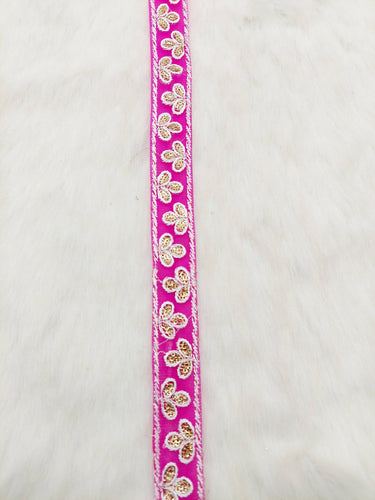 Wholesale Fuchsia Net Lace Floral Embroidery & Glitter Gold Sequins, Indian Wedding Border, Gifting Ribbon Costume Trim Fashion Trimming